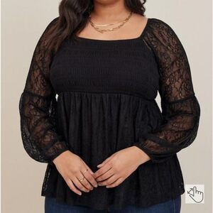 Torrid Babydoll Stretch Lace Smocked Bodice Square Neck Top